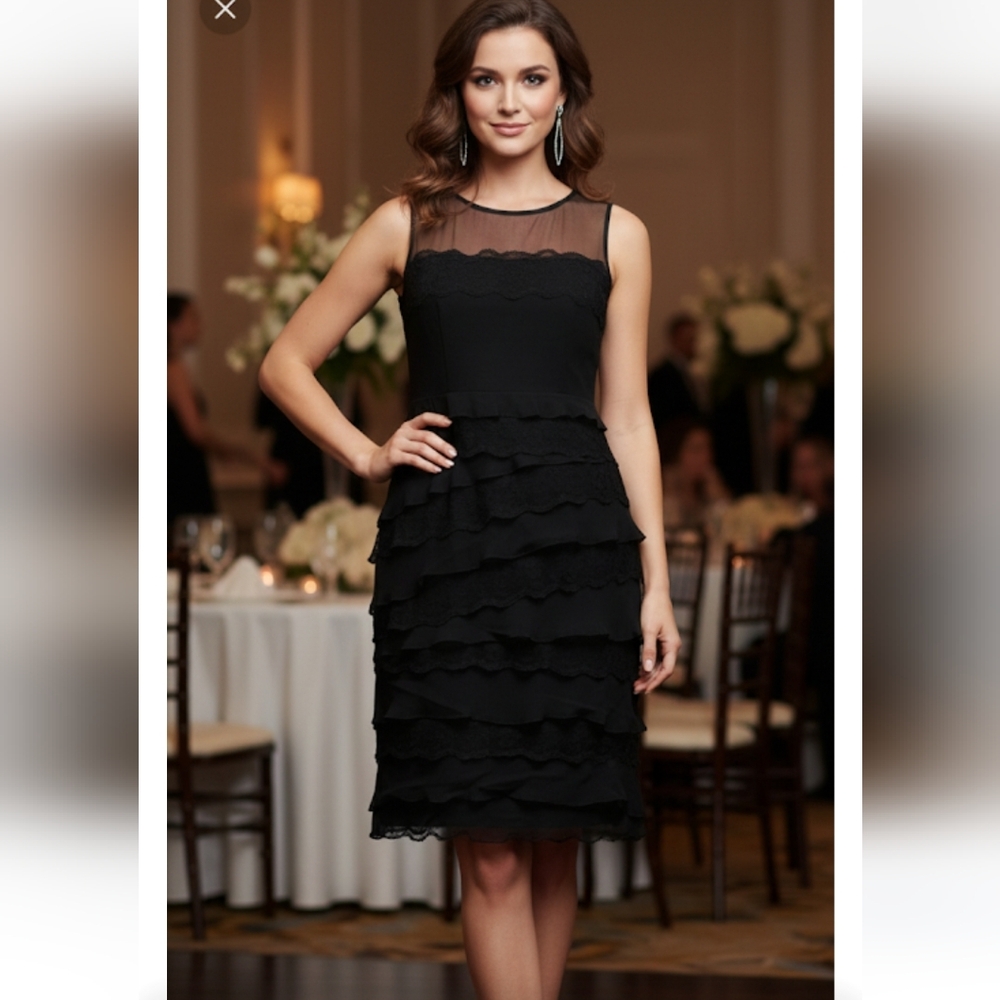 ANNE KLEIN New York Georgette Black Layered Lace Sheath Dress Like New 6